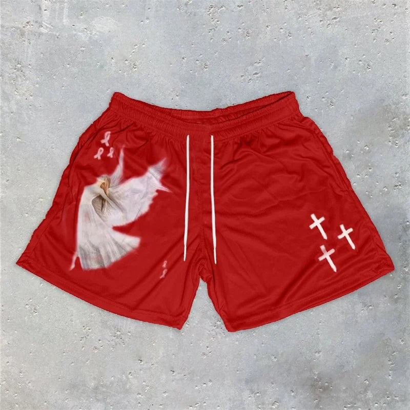 Y2K Christian Angel Cross Print Gym Shorts