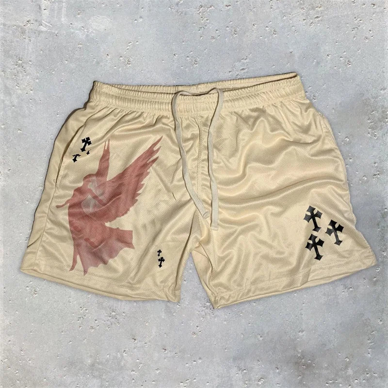 Y2K Christian Angel Cross Print Gym Shorts