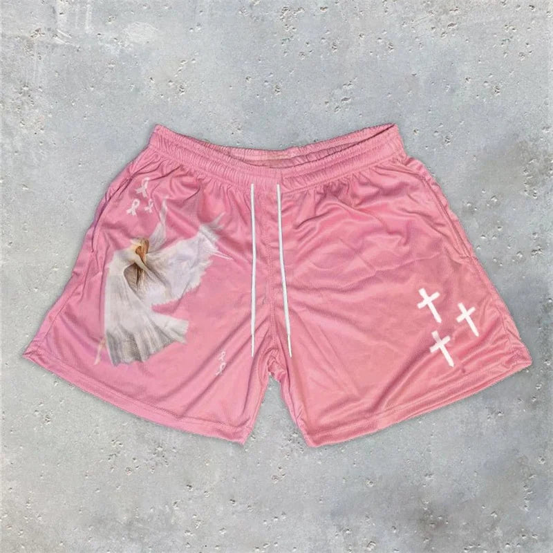 Y2K Christian Angel Cross Print Gym Shorts