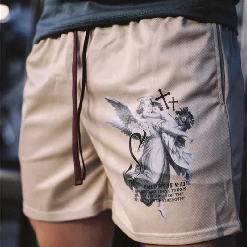 Y2K Christian Angel Cross Print Gym Shorts