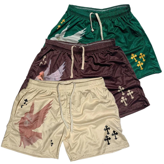 Y2K Christian Angel Cross Print Gym Shorts