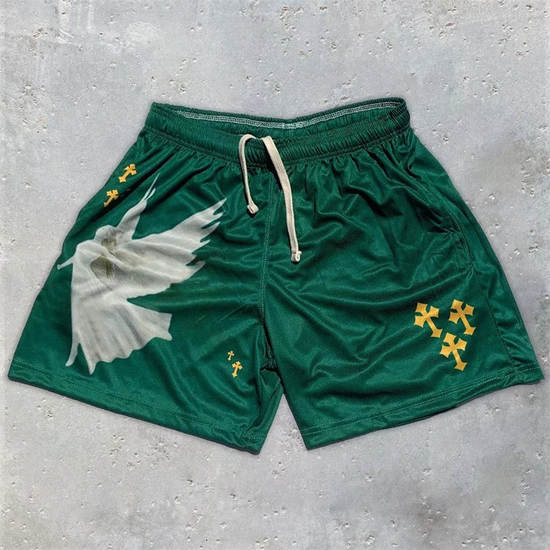 Y2K Christian Angel Cross Print Gym Shorts