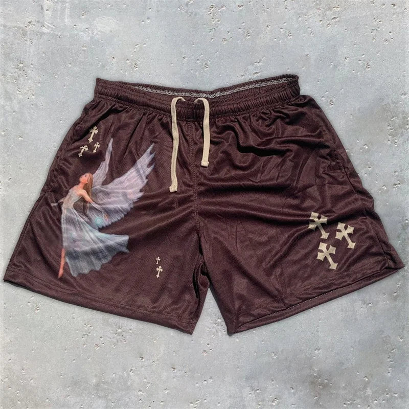 Y2K Christian Angel Cross Print Gym Shorts