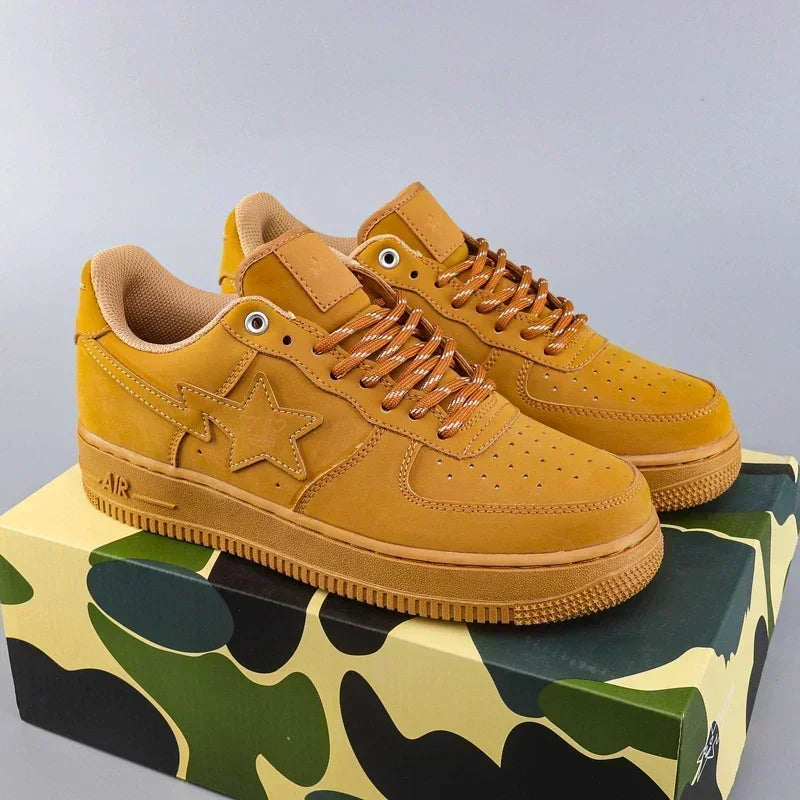 New Leather Board Shoes BAPE: Thick-Sole Casual Sneakers for Dynamic Sporty Look